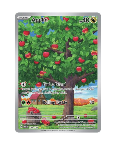 Pokémon card featuring a tree with apples and a house in the background