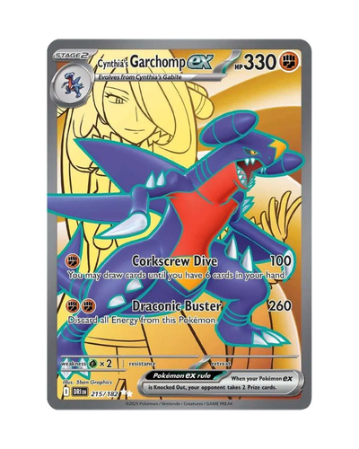 Pokémon trading card featuring Garchomp EX with a yellow background