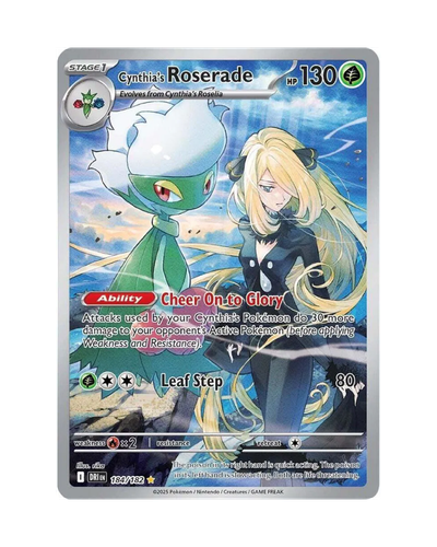 Pokémon trading card featuring Cynthia's Roserade with character and Pokémon illustration.