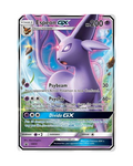 Pokémon trading card featuring Espeon GX with detailed artwork and text.