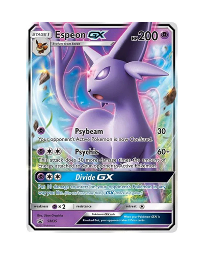 Pokémon trading card featuring Espeon GX with detailed artwork and text.