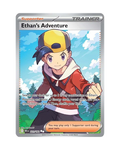 Pokémon trading card featuring a character named Ethan with a cap and jacket, set against a scenic background.