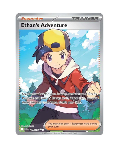 Pokémon trading card featuring a character named Ethan with a cap and jacket, set against a scenic background.