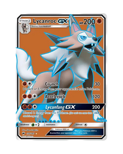 Pokémon trading card featuring Lycanroc GX on an orange background