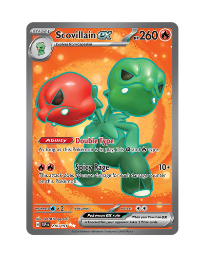 Scovillain EX Pokémon trading card with red and green creature on orange background