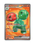 Scovillain EX Pokémon trading card with red and green creature on orange background