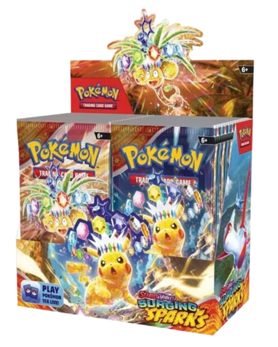Pokémon trading card game packaging with Pikachu figure on a white background