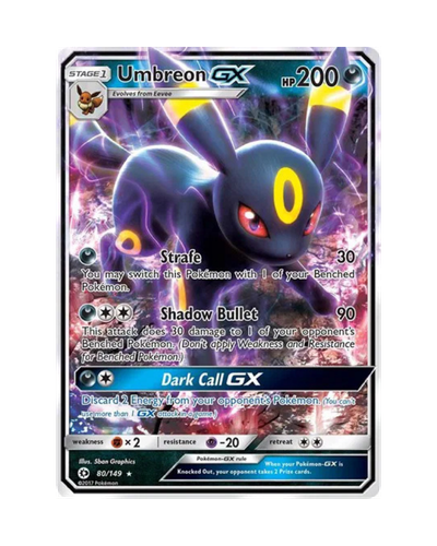 Umbreon GX trading card with detailed artwork and text on a white background