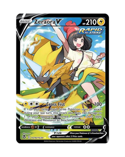 Pokémon trading card featuring Zeraora and a character with Rapid Strike ability
