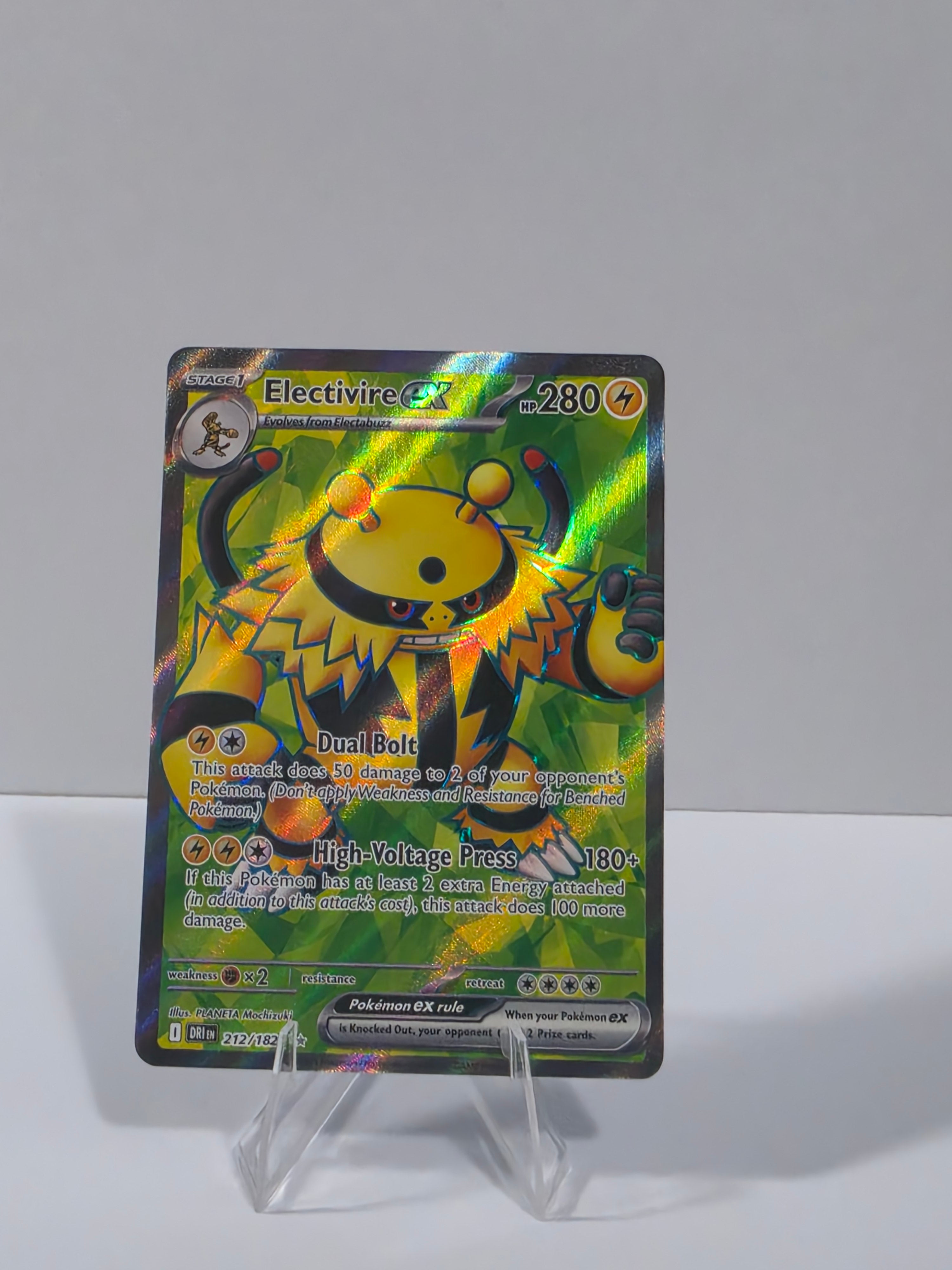 Pokémon trading card featuring a bee-like character on a clear stand against a white background