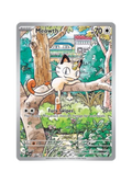 Pokémon trading card featuring Meowth on a tree branch with a colorful background