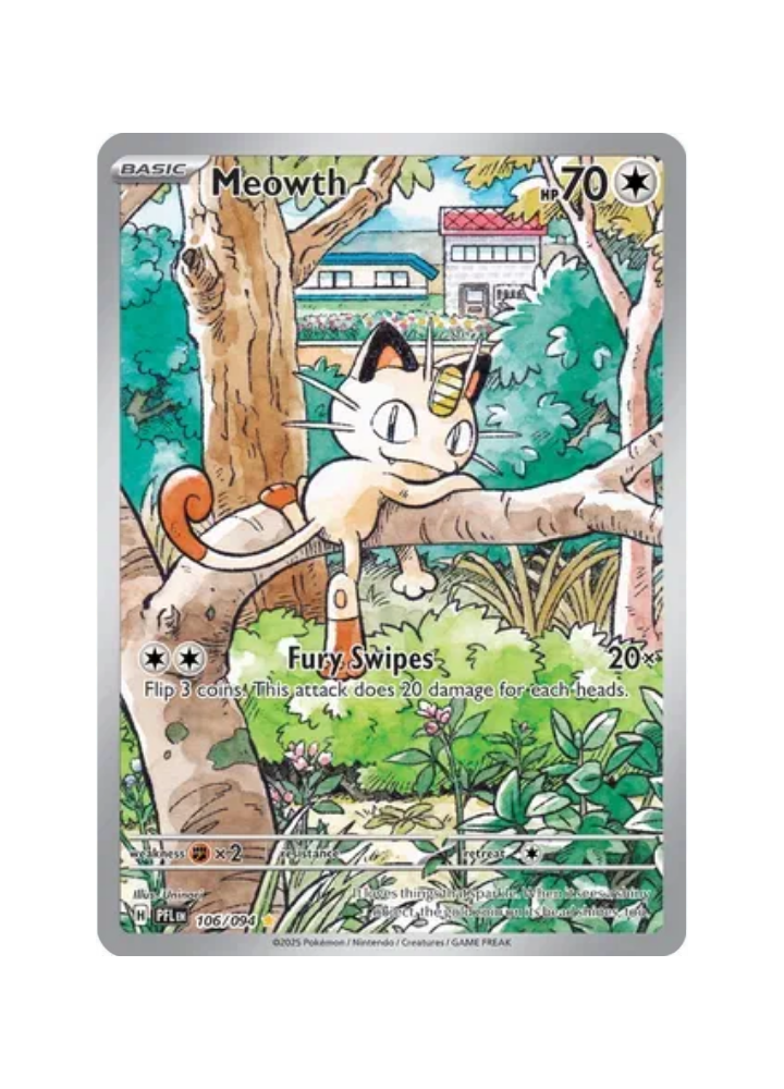 Pokémon trading card featuring Meowth on a tree branch with a colorful background