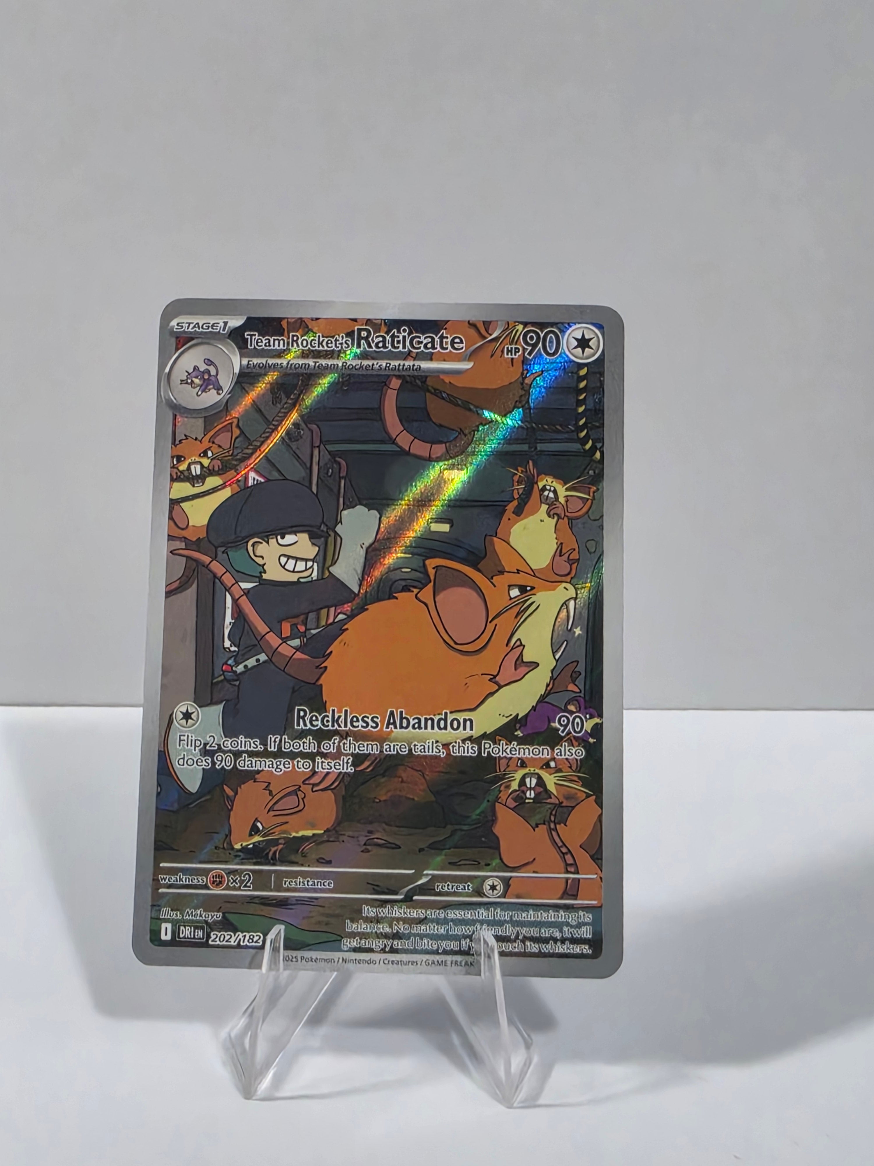 Trading card featuring a character with a rainbow effect on a white background