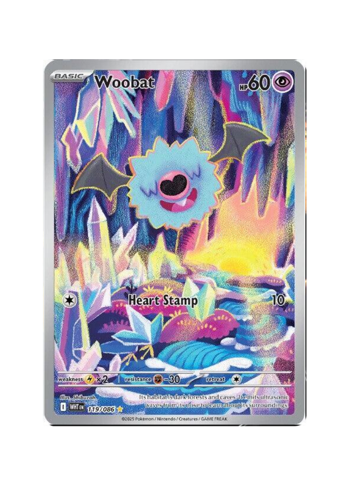 Colorful Pokémon trading card featuring Woobat with a vibrant design.